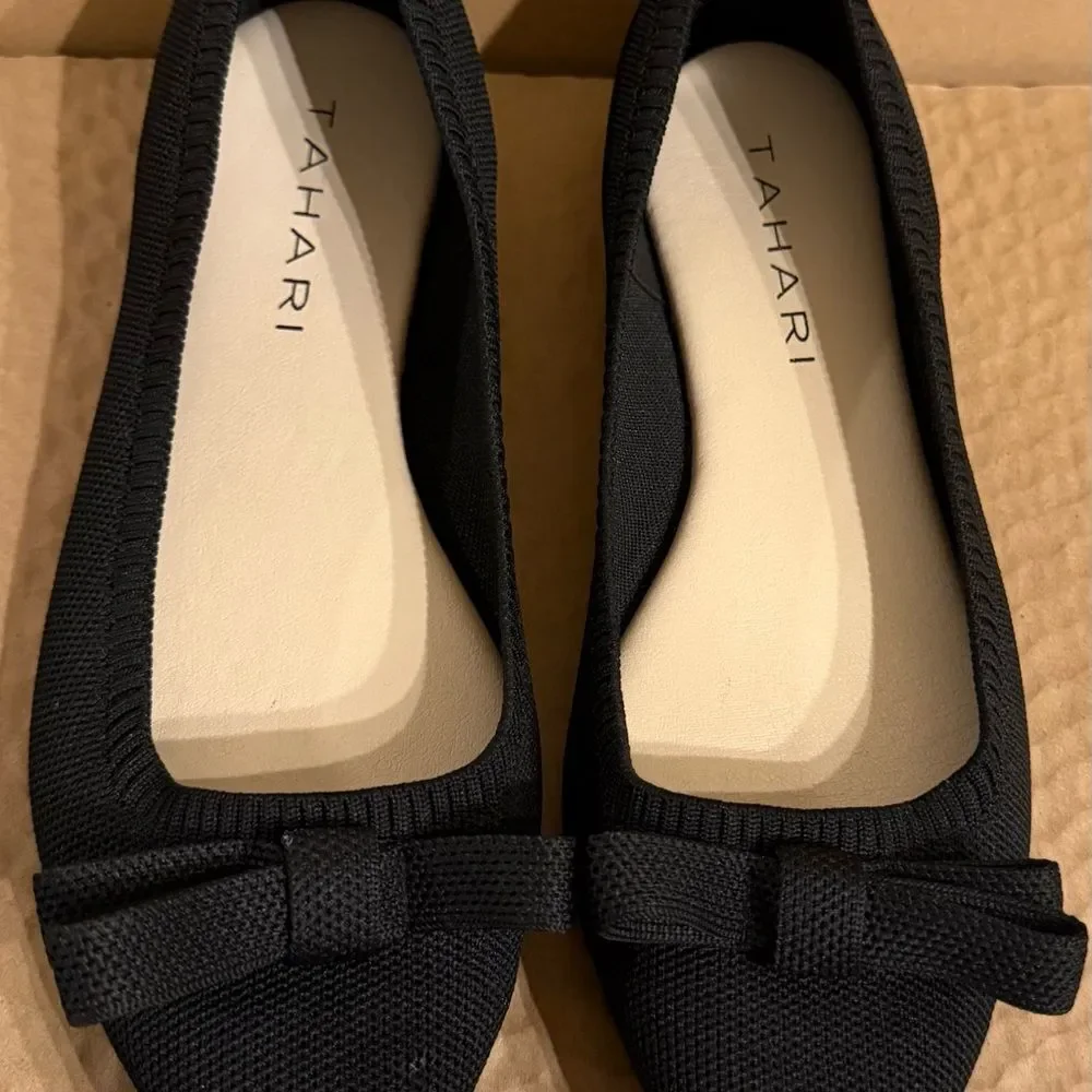 TAHARI Athens Black Bow Slip On Knit Ballerina Pointy Toe Classic Flats Size 9